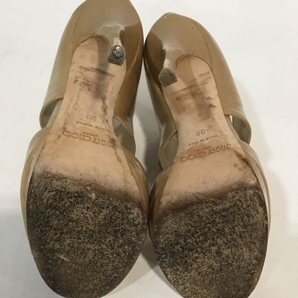 Pre-Owned JIMMY CHOO Nude Patent Full Strap Peep Toe - Size 39 - Picture 6 of 6